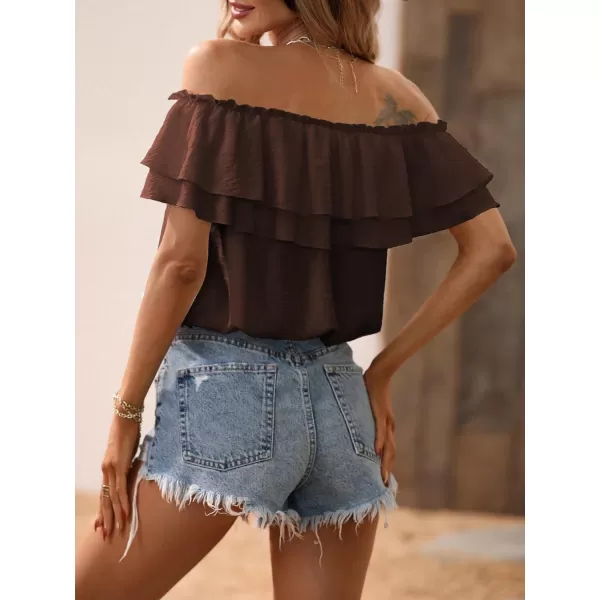 SweatyRocks Women's Off Shoulder Ruffle Trim Knot Front Blouse Tiered Layer Butterfly Short Sleeve Chiffon Tops Summer