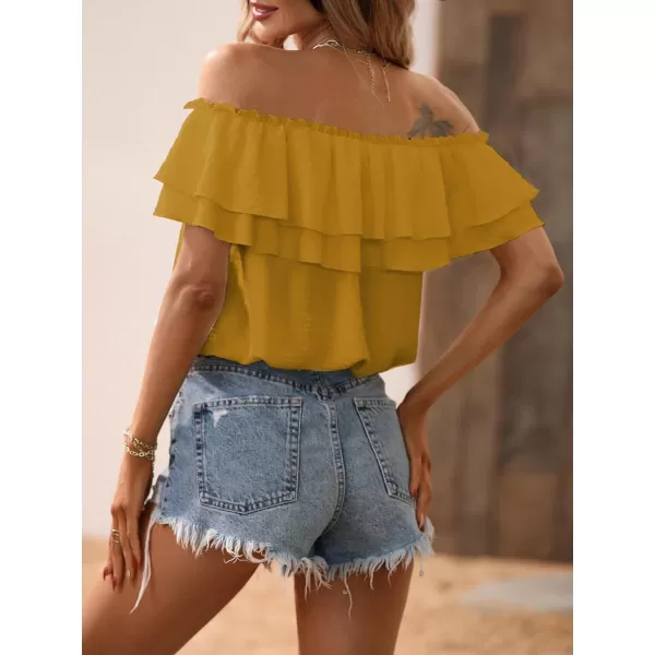SweatyRocks Women's Off Shoulder Ruffle Trim Knot Front Blouse Tiered Layer Butterfly Short Sleeve Chiffon Tops Summer