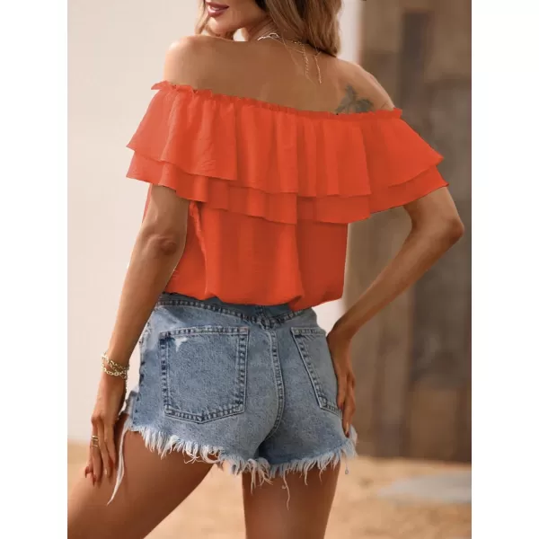 SweatyRocks Women's Off Shoulder Ruffle Trim Knot Front Blouse Tiered Layer Butterfly Short Sleeve Chiffon Tops Summer