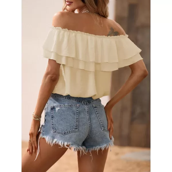 SweatyRocks Women's Off Shoulder Ruffle Trim Knot Front Blouse Tiered Layer Butterfly Short Sleeve Chiffon Tops Summer