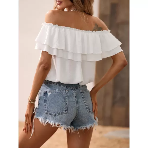 SweatyRocks Women's Off Shoulder Ruffle Trim Knot Front Blouse Tiered Layer Butterfly Short Sleeve Chiffon Tops Summer