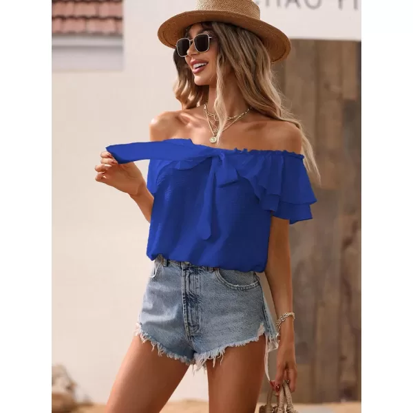 SweatyRocks Women's Off Shoulder Ruffle Trim Knot Front Blouse Tiered Layer Butterfly Short Sleeve Chiffon Tops Summer