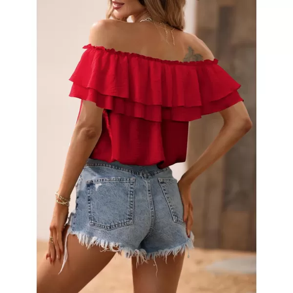 SweatyRocks Women's Off Shoulder Ruffle Trim Knot Front Blouse Tiered Layer Butterfly Short Sleeve Chiffon Tops Summer
