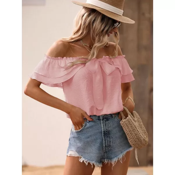SweatyRocks Women's Off Shoulder Ruffle Trim Knot Front Blouse Tiered Layer Butterfly Short Sleeve Chiffon Tops Summer