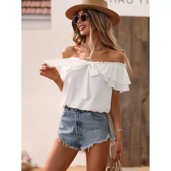 SweatyRocks Women's Off Shoulder Ruffle Trim Knot Front Blouse Tiered Layer Butterfly Short Sleeve Chiffon Tops Summer