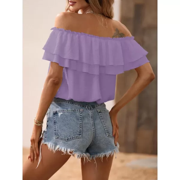 SweatyRocks Women's Off Shoulder Ruffle Trim Knot Front Blouse Tiered Layer Butterfly Short Sleeve Chiffon Tops Summer