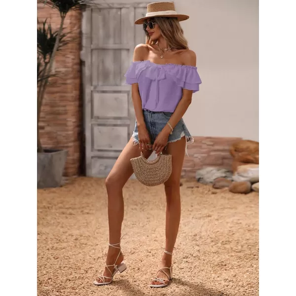 SweatyRocks Women's Off Shoulder Ruffle Trim Knot Front Blouse Tiered Layer Butterfly Short Sleeve Chiffon Tops Summer