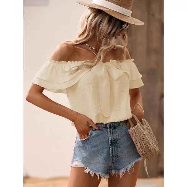 SweatyRocks Women's Off Shoulder Ruffle Trim Knot Front Blouse Tiered Layer Butterfly Short Sleeve Chiffon Tops Summer