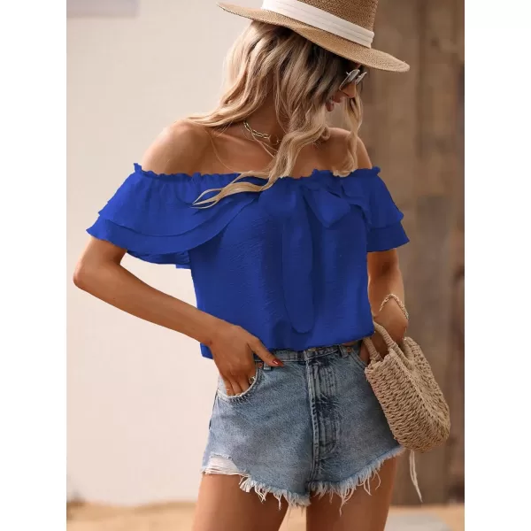 SweatyRocks Women's Off Shoulder Ruffle Trim Knot Front Blouse Tiered Layer Butterfly Short Sleeve Chiffon Tops Summer