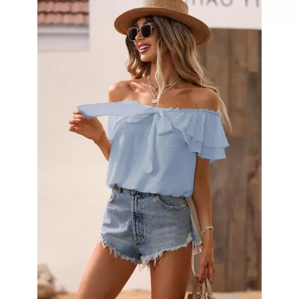 SweatyRocks Women's Off Shoulder Ruffle Trim Knot Front Blouse Tiered Layer Butterfly Short Sleeve Chiffon Tops Summer