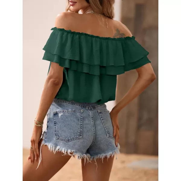 SweatyRocks Women's Off Shoulder Ruffle Trim Knot Front Blouse Tiered Layer Butterfly Short Sleeve Chiffon Tops Summer