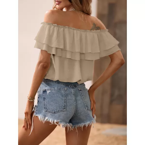 SweatyRocks Women's Off Shoulder Ruffle Trim Knot Front Blouse Tiered Layer Butterfly Short Sleeve Chiffon Tops Summer