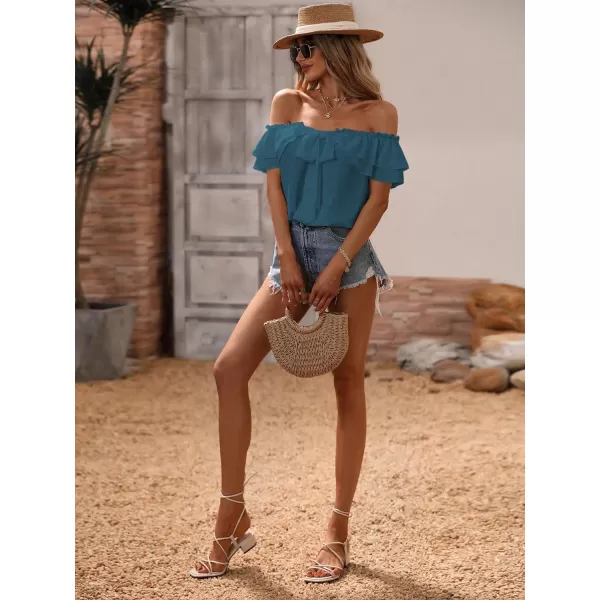 SweatyRocks Women's Off Shoulder Ruffle Trim Knot Front Blouse Tiered Layer Butterfly Short Sleeve Chiffon Tops Summer