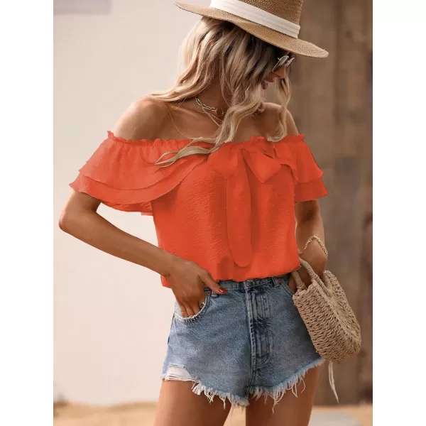 SweatyRocks Women's Off Shoulder Ruffle Trim Knot Front Blouse Tiered Layer Butterfly Short Sleeve Chiffon Tops Summer