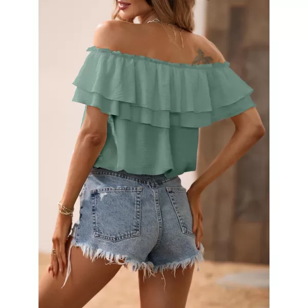 SweatyRocks Women's Off Shoulder Ruffle Trim Knot Front Blouse Tiered Layer Butterfly Short Sleeve Chiffon Tops Summer