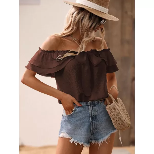 SweatyRocks Women's Off Shoulder Ruffle Trim Knot Front Blouse Tiered Layer Butterfly Short Sleeve Chiffon Tops Summer