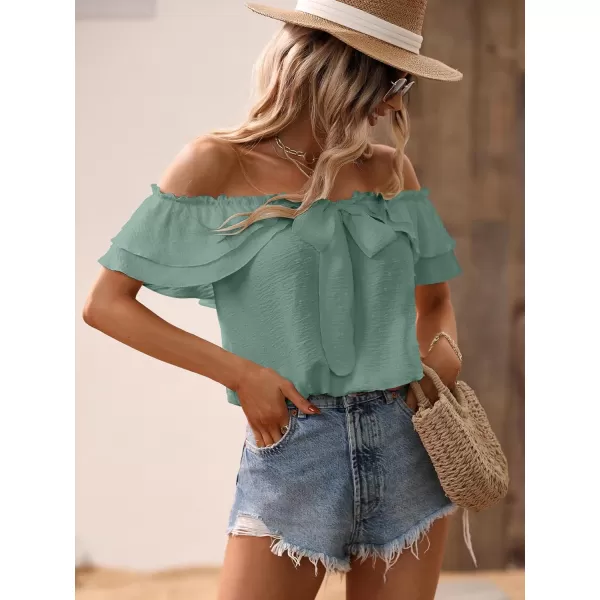 SweatyRocks Women's Off Shoulder Ruffle Trim Knot Front Blouse Tiered Layer Butterfly Short Sleeve Chiffon Tops Summer
