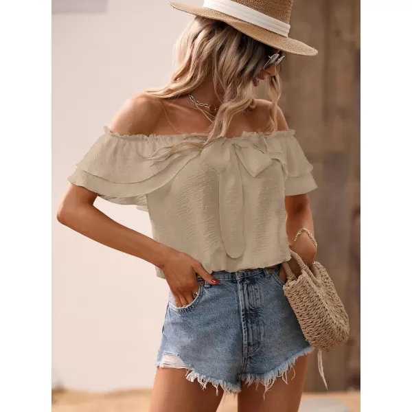 SweatyRocks Women's Off Shoulder Ruffle Trim Knot Front Blouse Tiered Layer Butterfly Short Sleeve Chiffon Tops Summer
