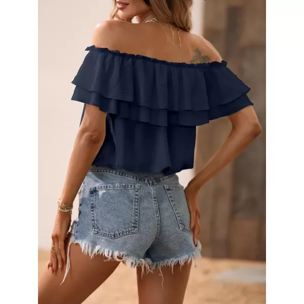 SweatyRocks Women's Off Shoulder Ruffle Trim Knot Front Blouse Tiered Layer Butterfly Short Sleeve Chiffon Tops Summer
