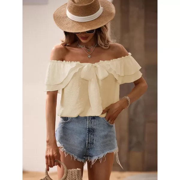 SweatyRocks Women's Off Shoulder Ruffle Trim Knot Front Blouse Tiered Layer Butterfly Short Sleeve Chiffon Tops Summer