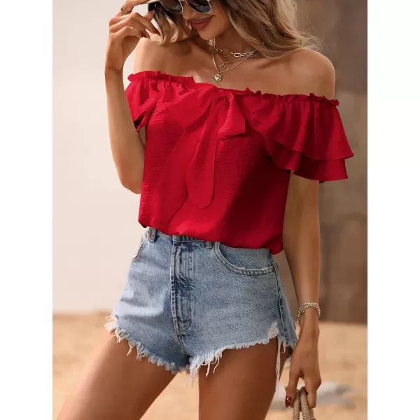 SweatyRocks Women's Off Shoulder Ruffle Trim Knot Front Blouse Tiered Layer Butterfly Short Sleeve Chiffon Tops Summer