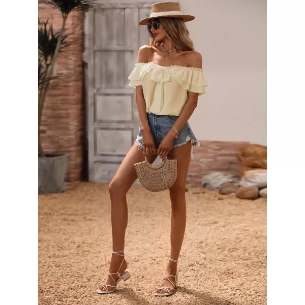 SweatyRocks Women's Off Shoulder Ruffle Trim Knot Front Blouse Tiered Layer Butterfly Short Sleeve Chiffon Tops Summer