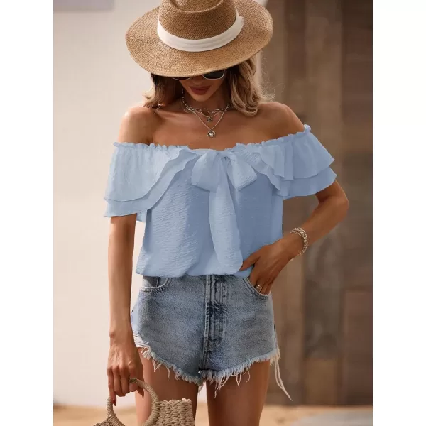 SweatyRocks Women's Off Shoulder Ruffle Trim Knot Front Blouse Tiered Layer Butterfly Short Sleeve Chiffon Tops Summer
