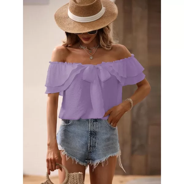 SweatyRocks Women's Off Shoulder Ruffle Trim Knot Front Blouse Tiered Layer Butterfly Short Sleeve Chiffon Tops Summer
