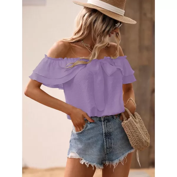 SweatyRocks Women's Off Shoulder Ruffle Trim Knot Front Blouse Tiered Layer Butterfly Short Sleeve Chiffon Tops Summer