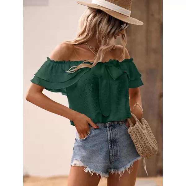 SweatyRocks Women's Off Shoulder Ruffle Trim Knot Front Blouse Tiered Layer Butterfly Short Sleeve Chiffon Tops Summer