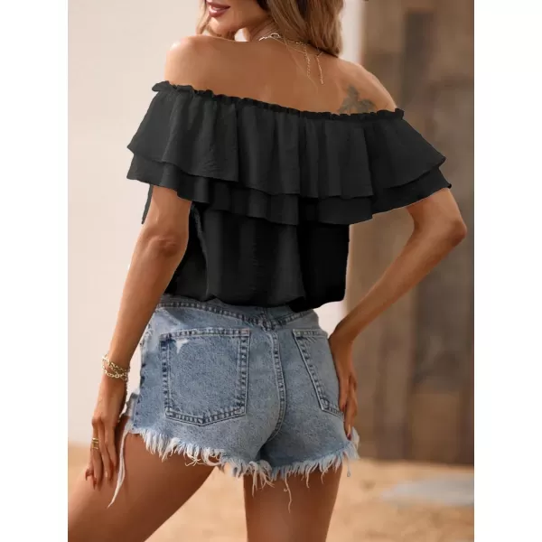SweatyRocks Women's Off Shoulder Ruffle Trim Knot Front Blouse Tiered Layer Butterfly Short Sleeve Chiffon Tops Summer