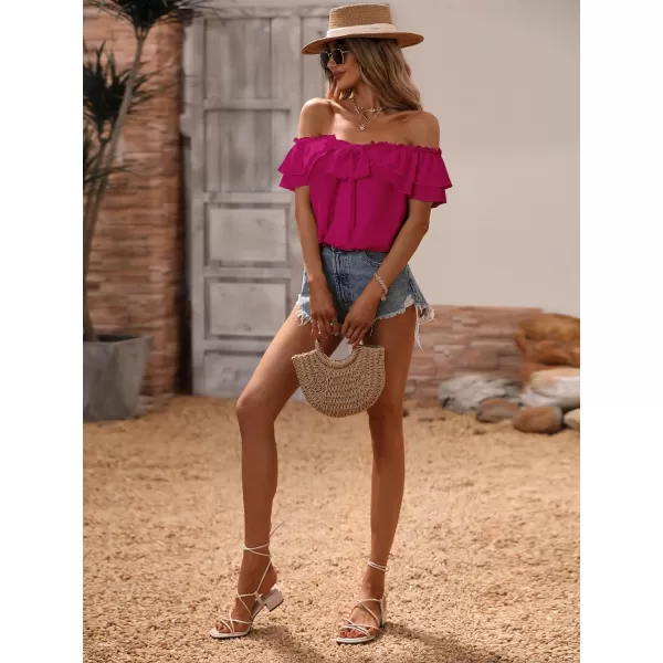 SweatyRocks Women's Off Shoulder Ruffle Trim Knot Front Blouse Tiered Layer Butterfly Short Sleeve Chiffon Tops Summer