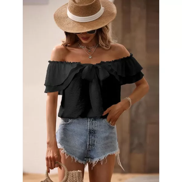 SweatyRocks Women's Off Shoulder Ruffle Trim Knot Front Blouse Tiered Layer Butterfly Short Sleeve Chiffon Tops Summer