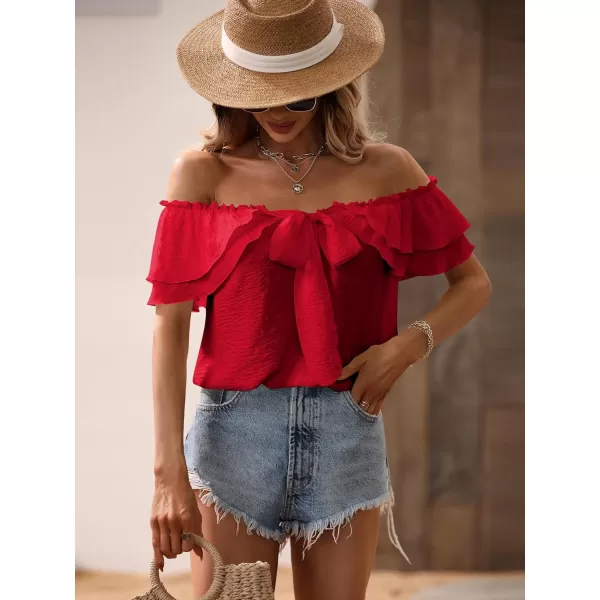 SweatyRocks Women's Off Shoulder Ruffle Trim Knot Front Blouse Tiered Layer Butterfly Short Sleeve Chiffon Tops Summer