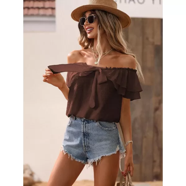 SweatyRocks Women's Off Shoulder Ruffle Trim Knot Front Blouse Tiered Layer Butterfly Short Sleeve Chiffon Tops Summer