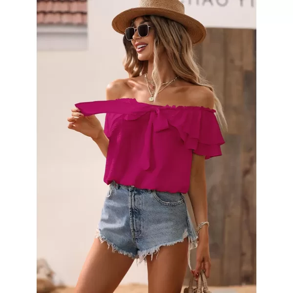 SweatyRocks Women's Off Shoulder Ruffle Trim Knot Front Blouse Tiered Layer Butterfly Short Sleeve Chiffon Tops Summer