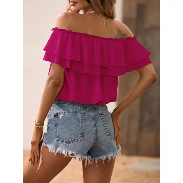 SweatyRocks Women's Off Shoulder Ruffle Trim Knot Front Blouse Tiered Layer Butterfly Short Sleeve Chiffon Tops Summer