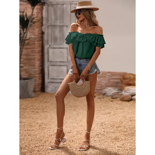SweatyRocks Women's Off Shoulder Ruffle Trim Knot Front Blouse Tiered Layer Butterfly Short Sleeve Chiffon Tops Summer