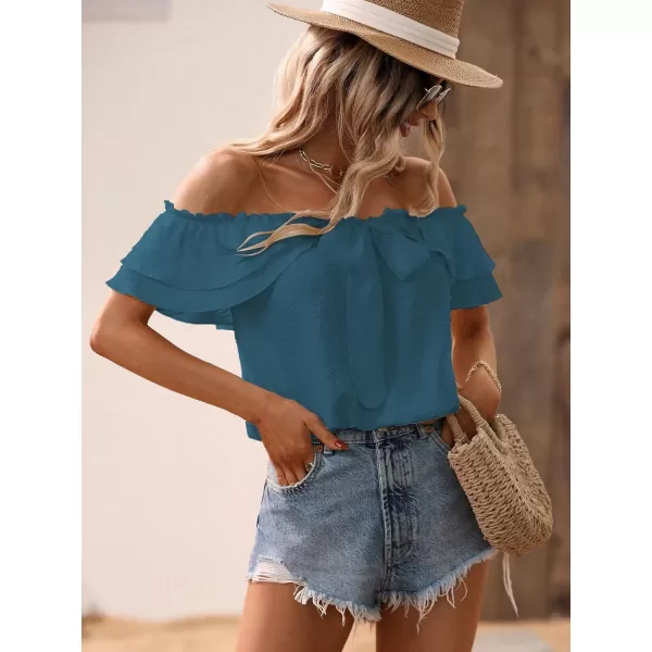 SweatyRocks Women's Off Shoulder Ruffle Trim Knot Front Blouse Tiered Layer Butterfly Short Sleeve Chiffon Tops Summer