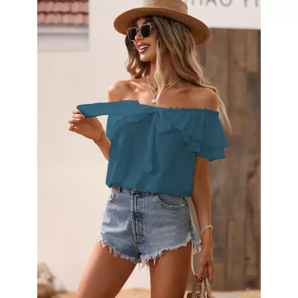 SweatyRocks Women's Off Shoulder Ruffle Trim Knot Front Blouse Tiered Layer Butterfly Short Sleeve Chiffon Tops Summer