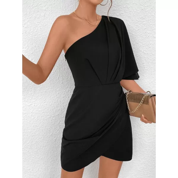 SweatyRocks Women's One Shoulder Asymmetrical Hem Dress Ruched Half Sleeve Mini Dresses