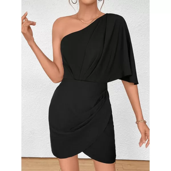 SweatyRocks Women's One Shoulder Asymmetrical Hem Dress Ruched Half Sleeve Mini Dresses