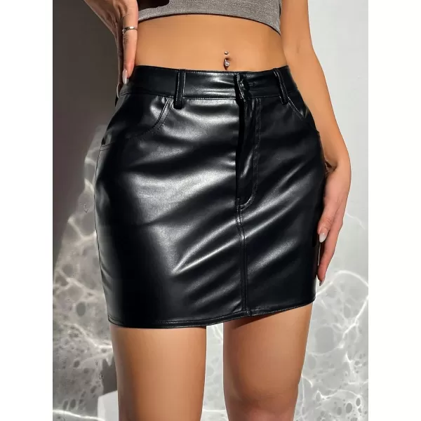 SweatyRocks Women's PU Leather High Waisted Button Skirt Bodycon Mini Pencil Party Skirts with Pocket