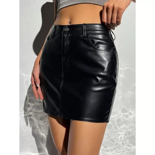 SweatyRocks Women's PU Leather High Waisted Button Skirt Bodycon Mini Pencil Party Skirts with Pocket