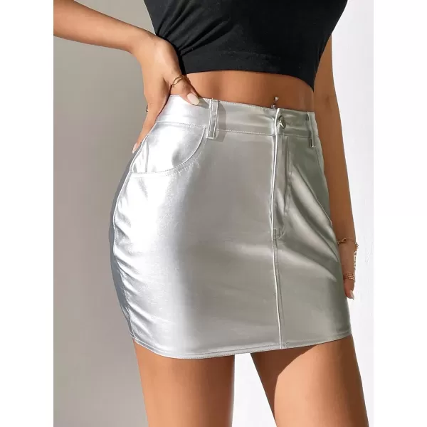 SweatyRocks Women's PU Leather High Waisted Button Skirt Bodycon Mini Pencil Party Skirts with Pocket