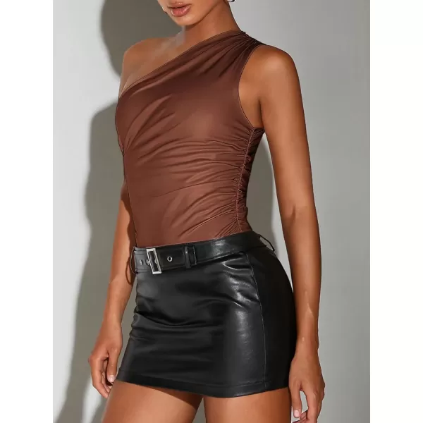 SweatyRocks Women's PU Leather One Shoulder Ruched Bodysuit Slim Fit Cami Bodycon Jumpsuit