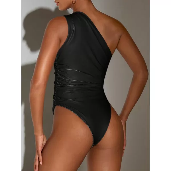 SweatyRocks Women's PU Leather One Shoulder Ruched Bodysuit Slim Fit Cami Bodycon Jumpsuit