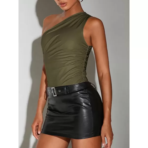 SweatyRocks Women's PU Leather One Shoulder Ruched Bodysuit Slim Fit Cami Bodycon Jumpsuit