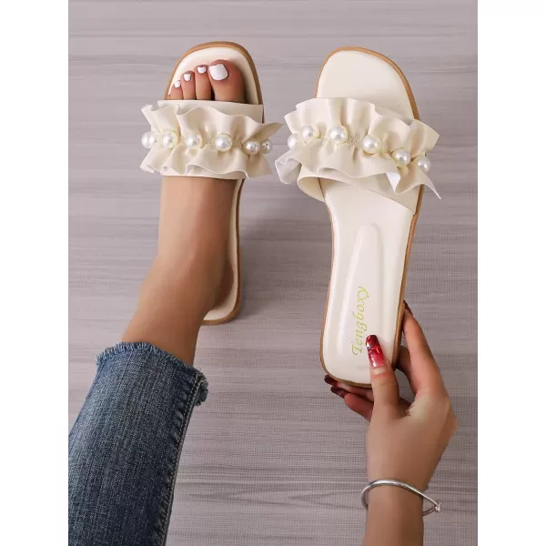 SweatyRocks Women's PU Leather Pearls Decor Flat Sandals Ruffle Open Toe Slide Sandals
