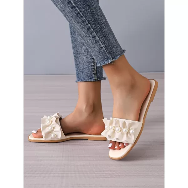 SweatyRocks Women's PU Leather Pearls Decor Flat Sandals Ruffle Open Toe Slide Sandals